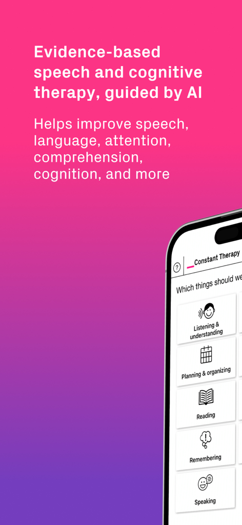 Constant Therapy app interface showing AI guided speech and cognitive therapy exercises like reading and speaking