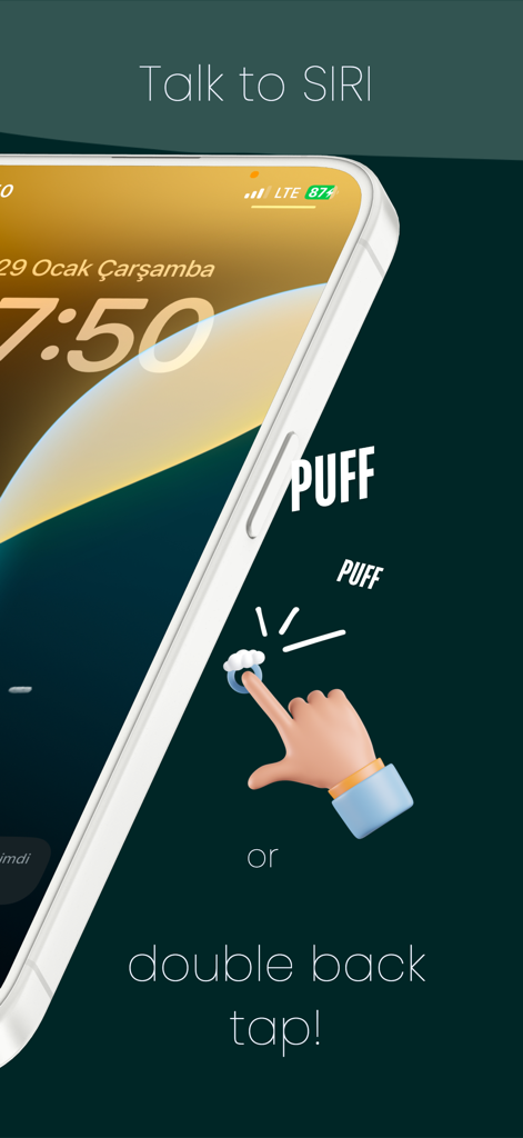Pantalla de teléfono inteligente que muestra opciones para registrar vapeos usando comandos de voz de Siri o un gesto de doble toque en la parte posterior.