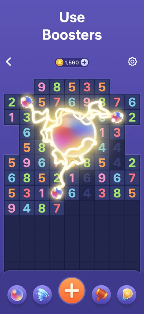 Number Tiles - Match Numbers - A gameplay screen of Number Tiles showing the Use Boosters feature on a grid of numbers.
