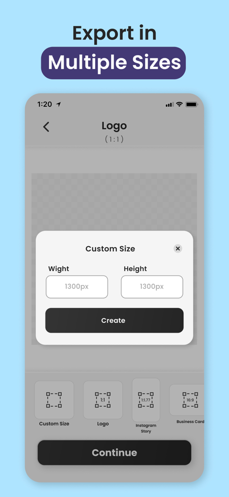 Logo Maker Shop - Creator ۬ - Interfaz de la app Logo Maker Shop mostrando ajustes de tamaño personalizado y preajustes de exportación para redes sociales y tarjetas de presentación