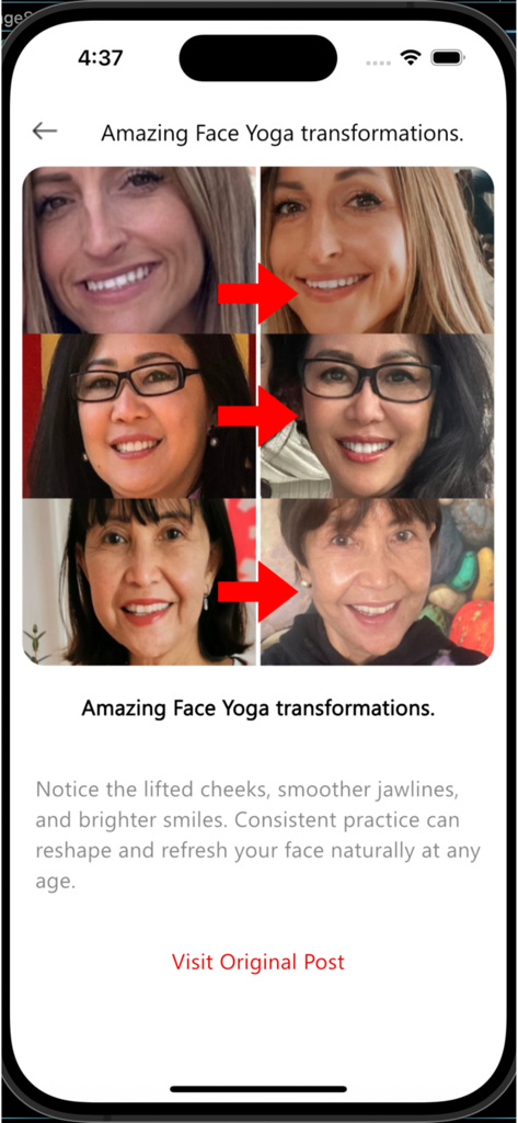 Koko Face Yoga - Before and after comparison photos showing facial transformation results from Koko Face Yoga