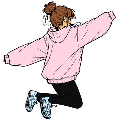 realistic girl jumping with a bun and oversized sweatshirt