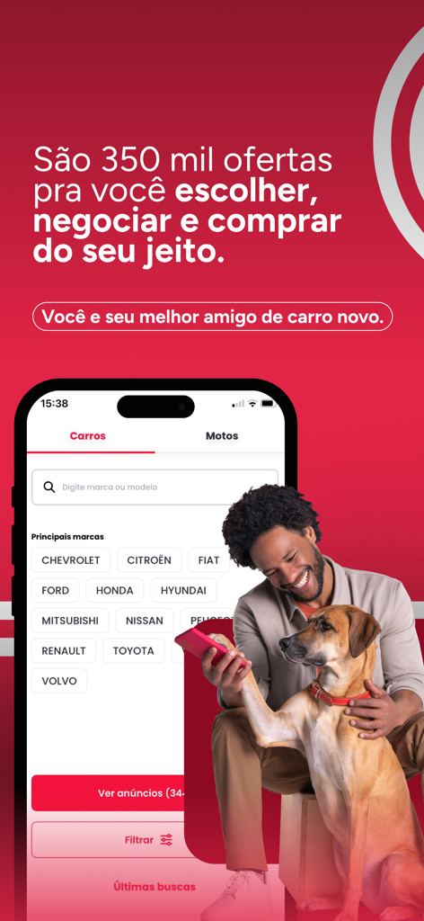 Webmotors-App-Bildschirm mit Auswahl der Automarke und Suchoberfläche mit einem Mann und seinem Hund