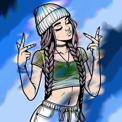 realistic teenage girl with braids and a beanie and crop top doing 🫶🏼