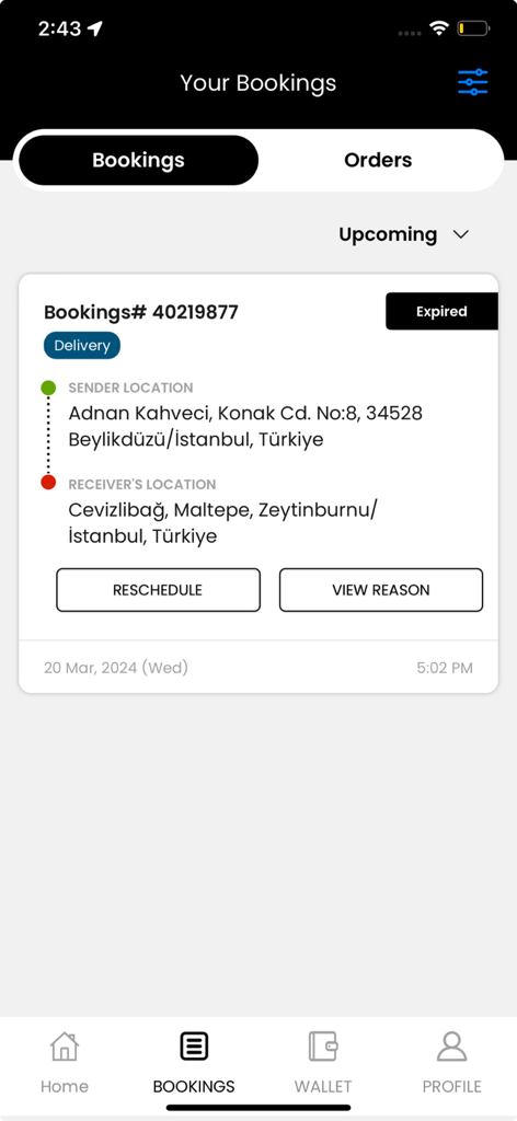 Capture Pro App - Capture Proアプリのインターフェース、イベント予約リストと場所の詳細が表示されている期限切れのサービスリクエストが表示されています