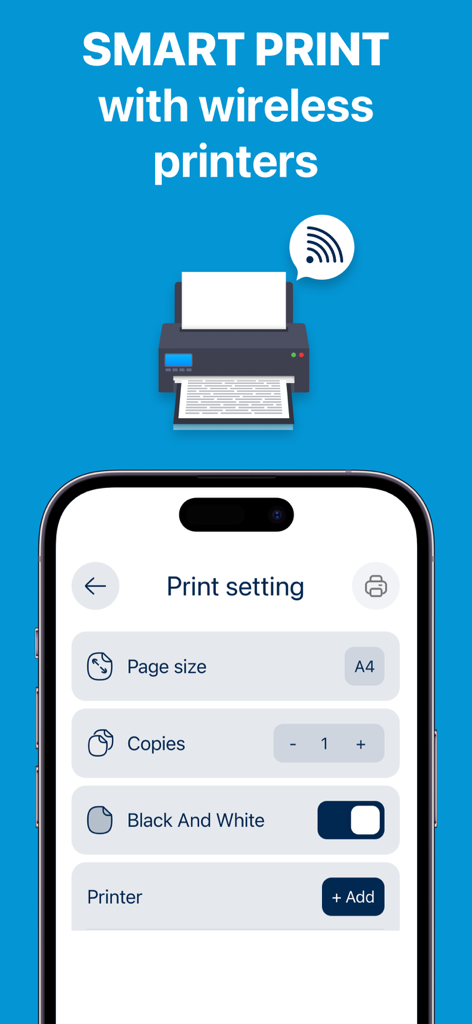 Printer App: Smart Printer • - Una pantalla de iPhone que muestra la configuración de impresión inalámbrica como tamaño de página y copias para una aplicación de impresión inteligente.