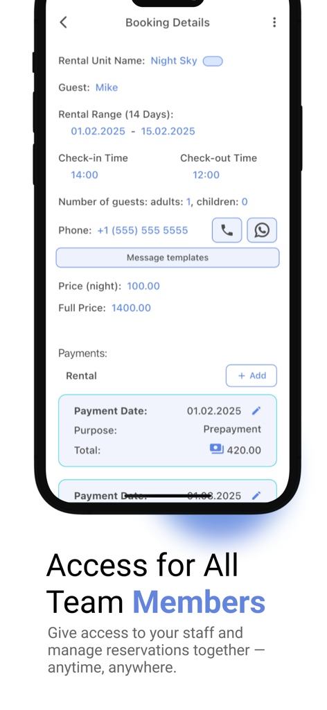 Rental Planner: Rent Manager - Rental Planner App-Bildschirm, der Buchungsdetails und gemeinsamen Zugriff für Teammitglieder zeigt