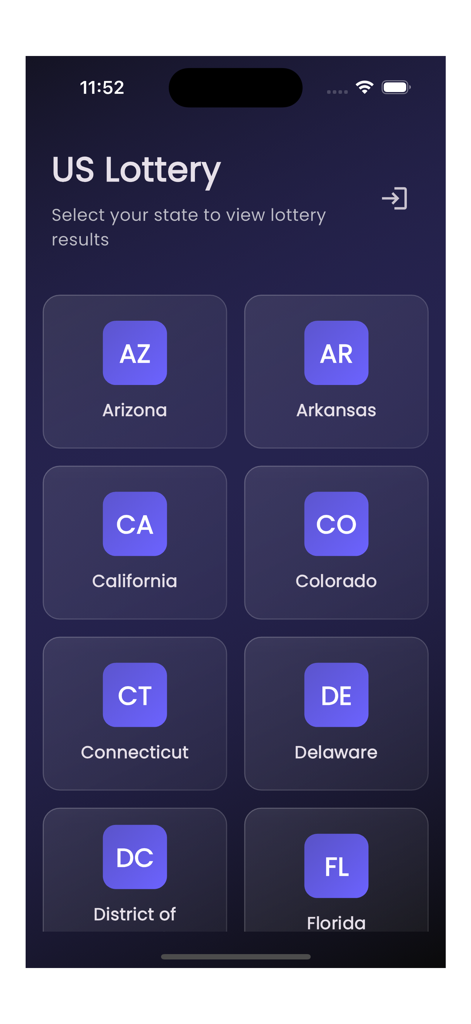 Lotto Result - Menú de selección de estado de EE. UU. en la aplicación Lotto Result