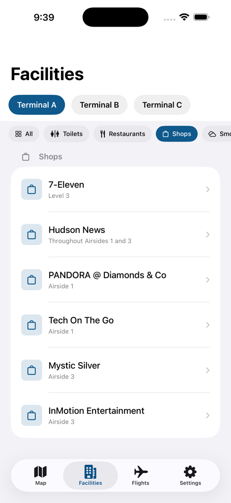 Orlando MCO Airport - Uma lista de lojas e suas localizações dentro do Terminal A do aplicativo do Aeroporto Internacional de Orlando