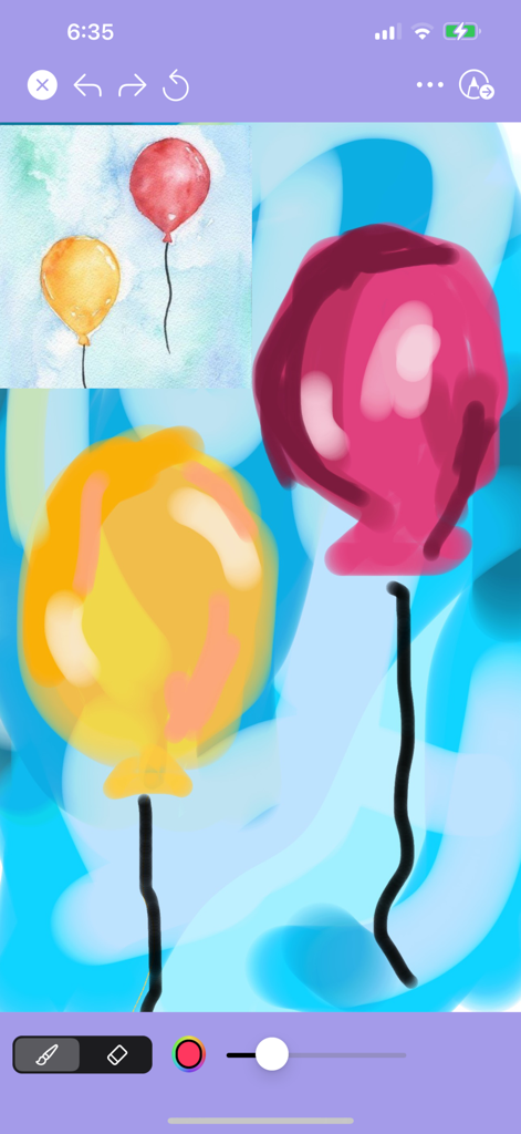 Interfaz de la aplicación Aquarelle que muestra una herramienta de pintura asistida por IA con una imagen de referencia de globos de acuarela