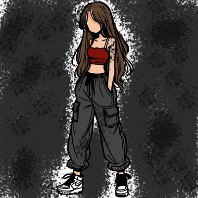 girl in baggy pants crop top and long hair