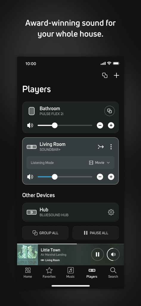 BluOS Controller app interface showing synchronized audio players and volume controls for different rooms.
