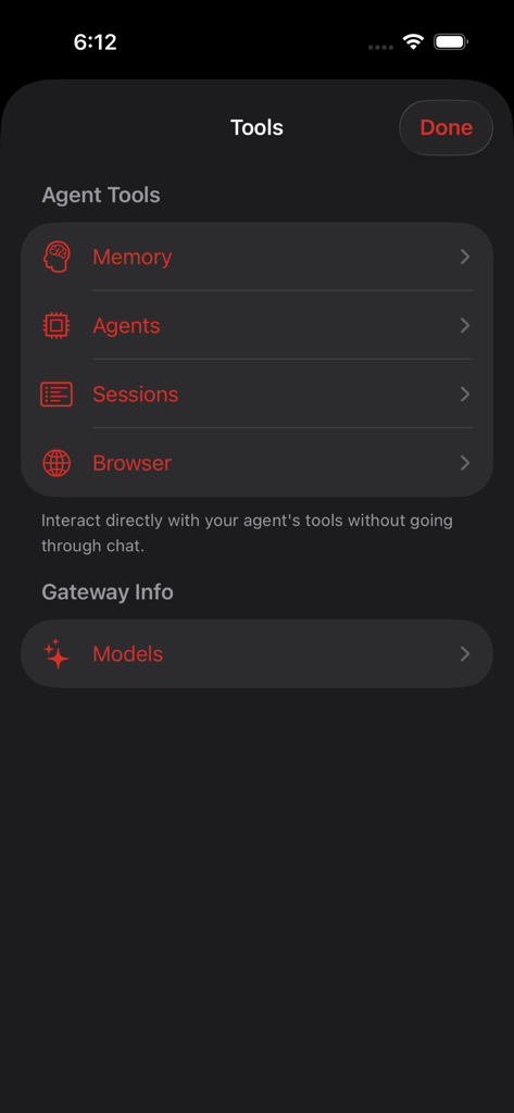 ClawTalk tools dashboard displaying agent memory agents sessions browser and gateway model options