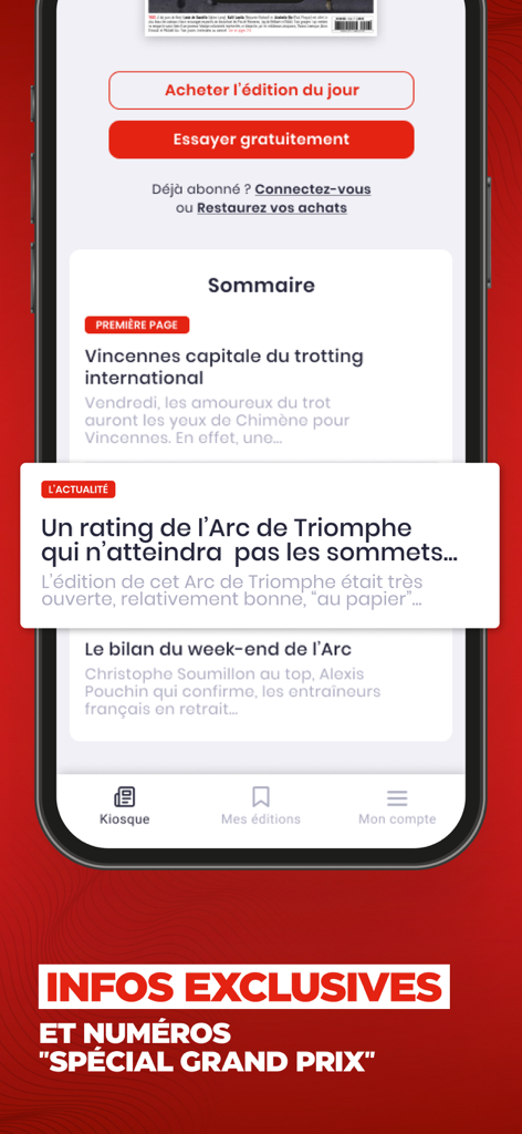 Paris Turf: actualité hippique - Paris Turf Mobile App Kiosk-Oberfläche mit Artikeln über Pferderennsportnachrichten und Abonnementoptionen