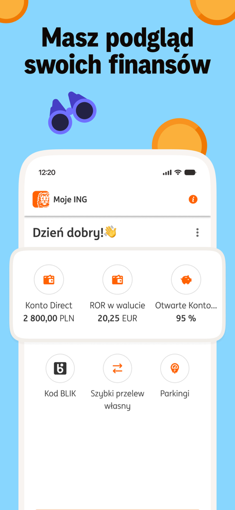 Dashboard der Moje ING Mobile-Banking-App mit Kontoständen und Finanzübersicht auf Polnisch