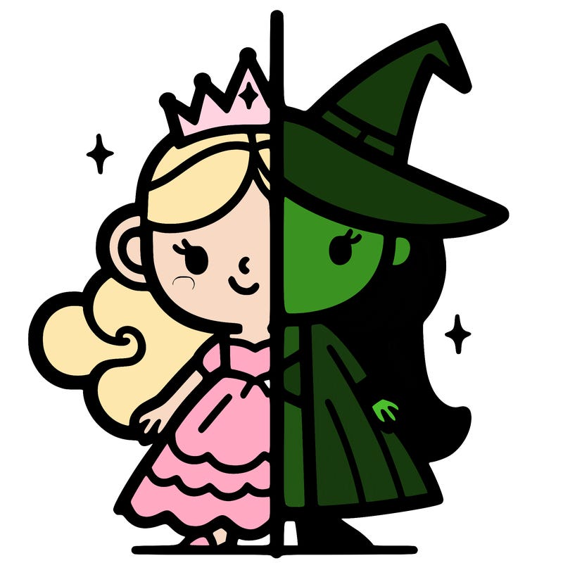 detailed split of a princess and a witch