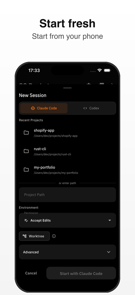 CC Pocket: Dev Agent Remote - A mobile interface for starting a new AI coding session in the CC Pocket app
