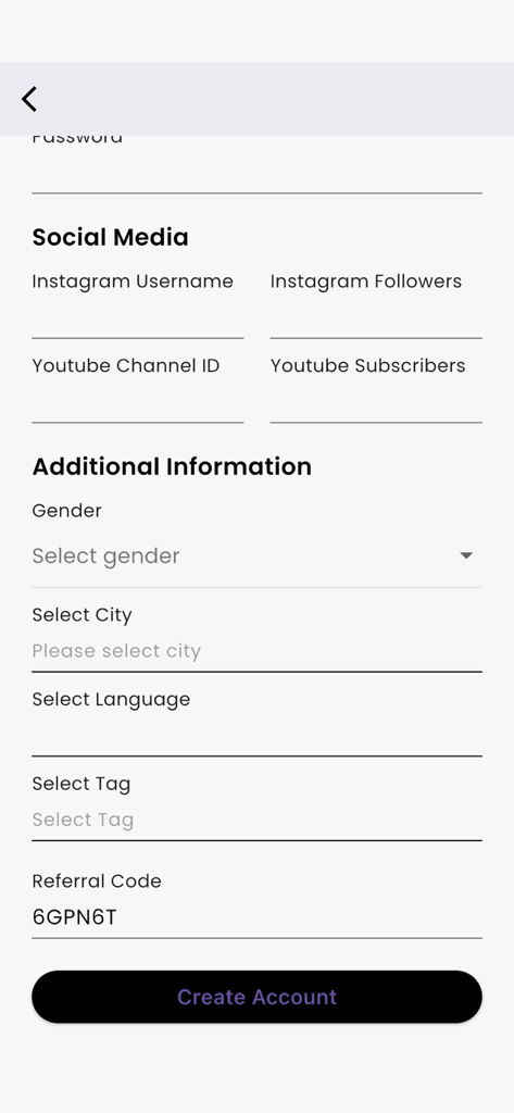 Brandwave.ai - Registration screen for the Brandwave app showing fields for social media accounts and user demographic details.