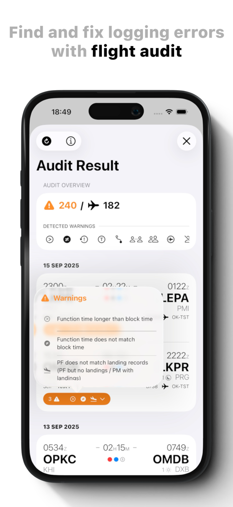 Pilot Logbook - Logger - Pilot Logbook app flight audit screen showing logbook error detection and warnings