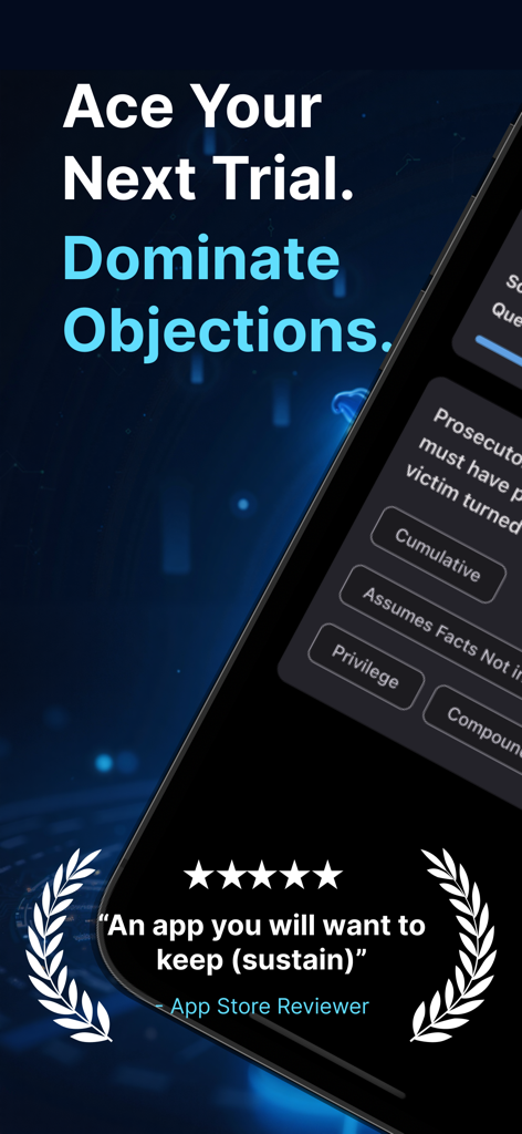 Screenshot of Objection Academy app showing legal objection practice and a top user review