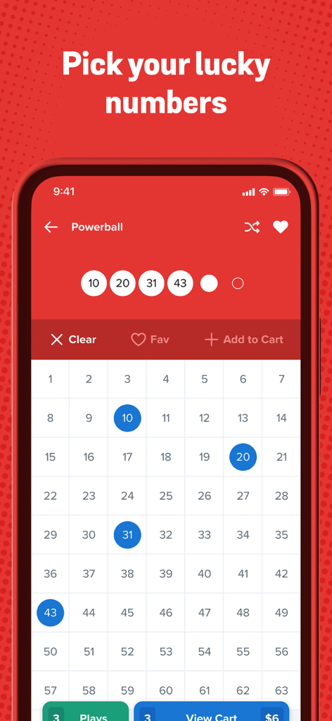 A mobile app interface for picking lucky lottery numbers on a digital grid for Powerball