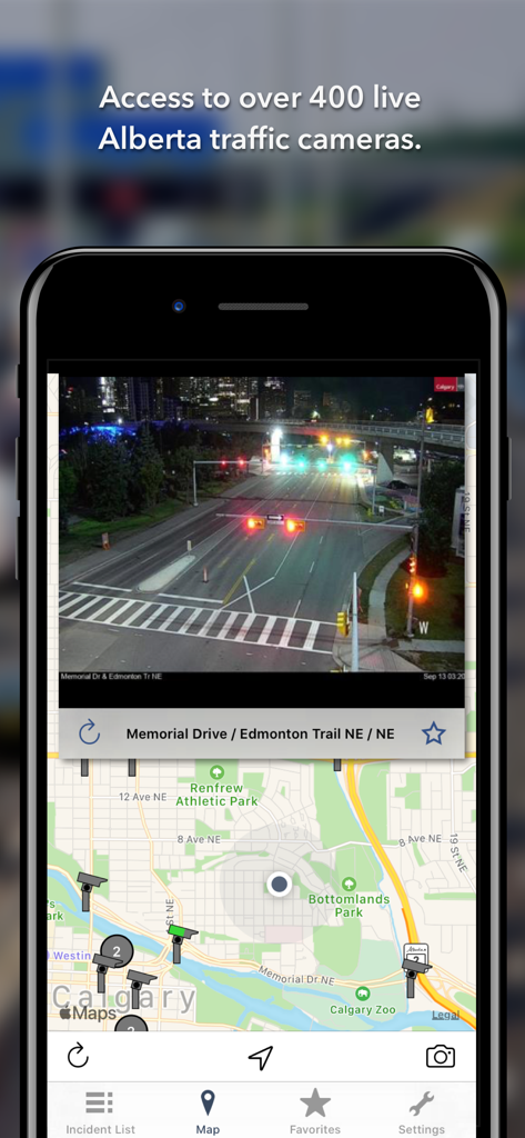 Smartphone screen showing the Alberta Roads app with a live camera feed and a map of traffic incidents in Calgary.