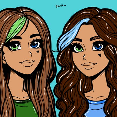 realistic two freinds girls both with blonde hair and brown eyes both hve noses one with straight hair and on with wavy hair realistic