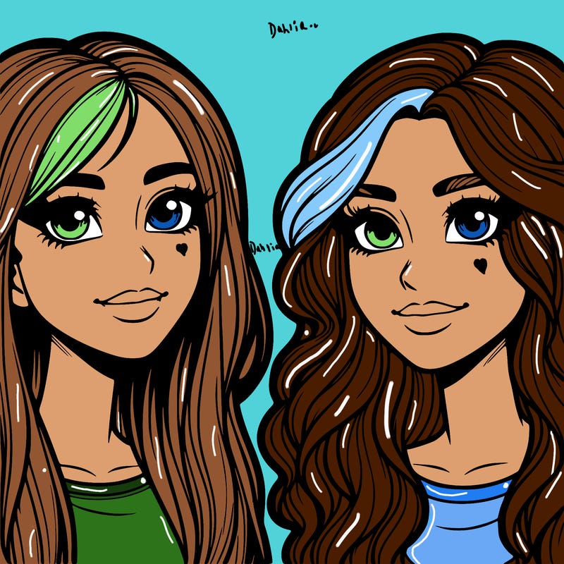 realistic two freinds girls both with blonde hair and brown eyes both hve noses one with straight hair and on with wavy hair realistic