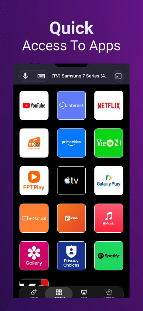Universal TV Remote Controller - Interfaz de la aplicación Control Remoto Universal para TV mostrando una cuadrícula de iconos de acceso rápido para servicios de streaming como Netflix y YouTube.