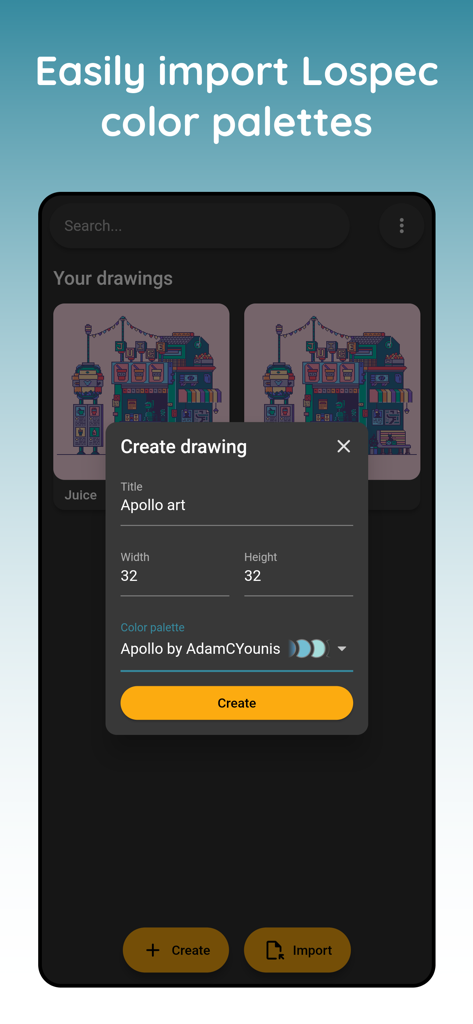 Pixel art maker - Inktica - A screenshot of the Inktica app interface showing the Create Drawing dialog with options for canvas dimensions and Lospec color palette selection.