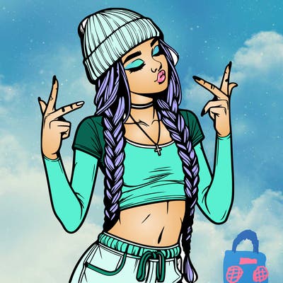 realistic teenage girl with braids and a beanie and crop top doing 🫶🏼