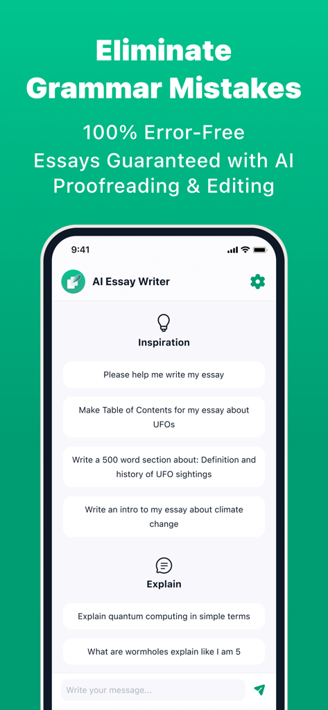 Tela do aplicativo AI Essay Writer mostrando recursos de revisão e sugestões de inspiração de escrita para estudantes