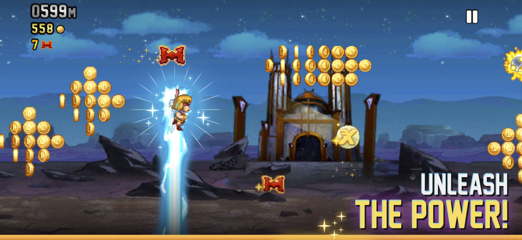 Jetpack Joyride Classic - A gameplay screenshot of Jetpack Joyride Classic showing Barry Steakfries unleashing a special power up in a desert environment.