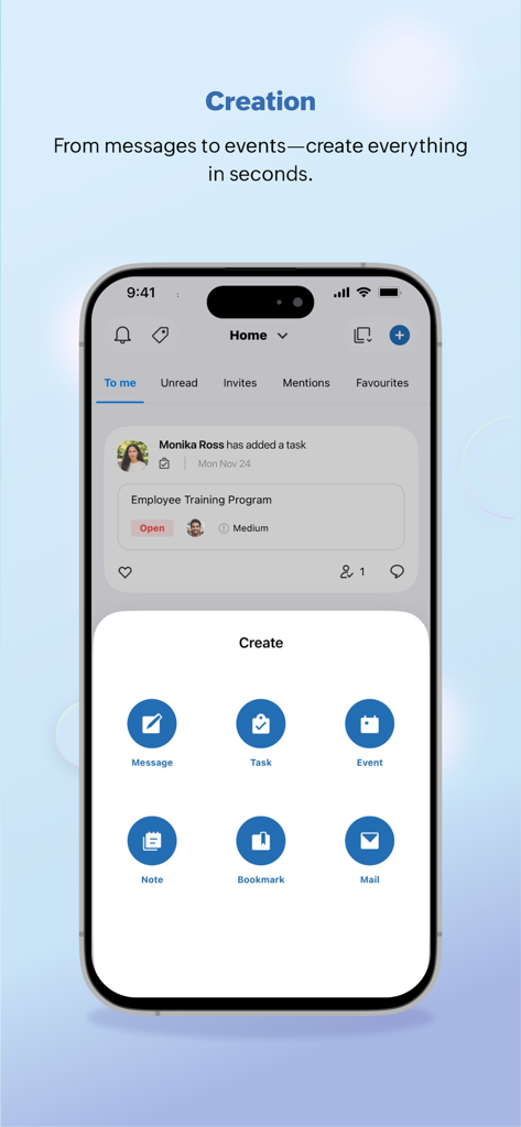 Streams - for Zoho Mail - Mobile interface of the Streams for Zoho Mail app showing the creation menu for messages, tasks, and events