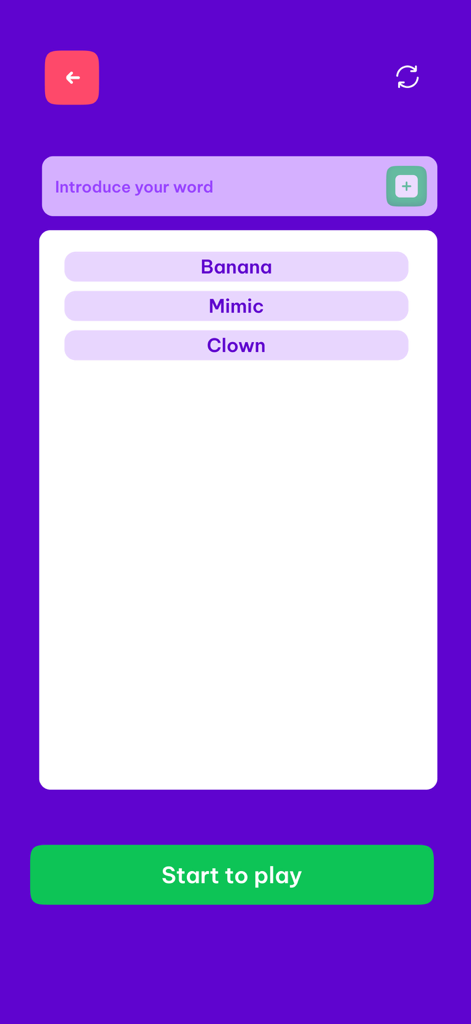 A screen in the Words Up game where users can enter custom words like Banana and Mimic before starting the game.