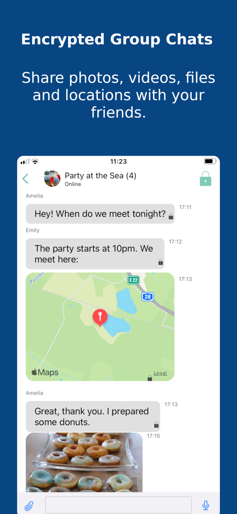Quicksy - A screenshot of Quicksy showing an encrypted group chat with text messages, a map location, and a shared photo.