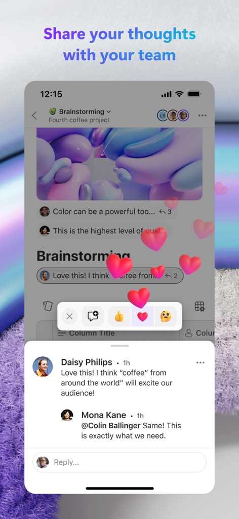 Interface de l'application Microsoft Loop montrant les commentaires de l'équipe et les réactions d'émojis cœur pour la collaboration