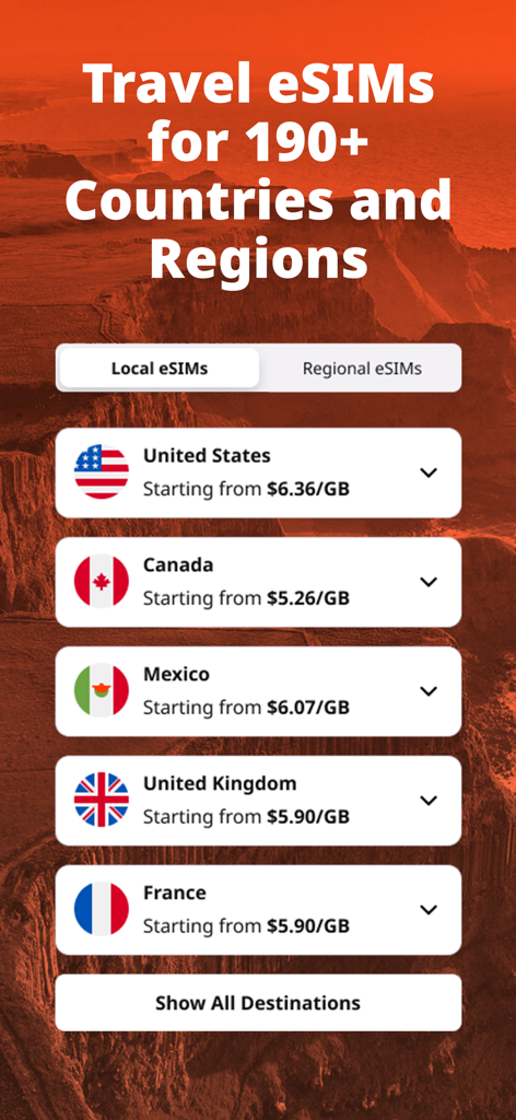 Wanderesim: Travel eSIM - Wanderesim app interface showing local eSIM data plans for United States, Canada, Mexico, United Kingdom and France with pricing per gigabyte.