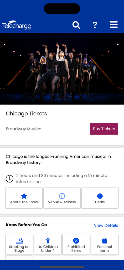 Telecharge app interface for Chicago Broadway tickets featuring show information and buy button