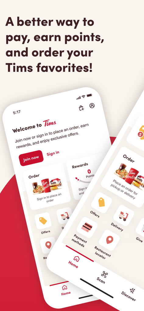 Tim Hortons app screen showing order and rewards features
