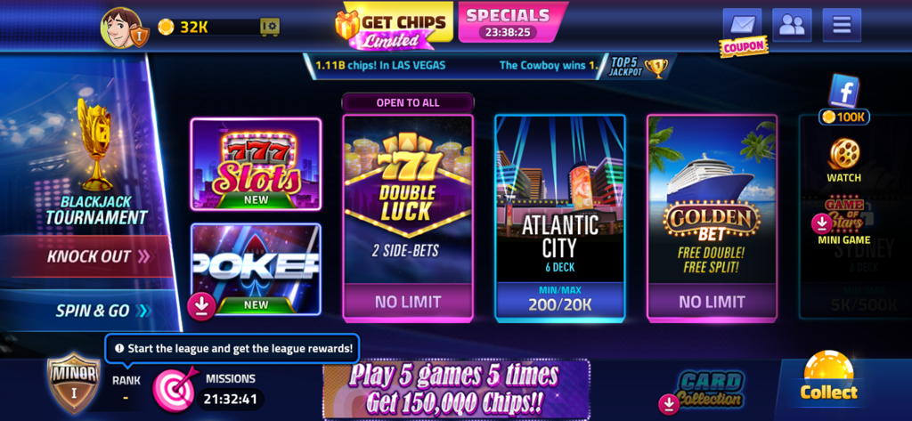 Main menu of House of Blackjack 21 showing different game modes like poker slots and various blackjack tables