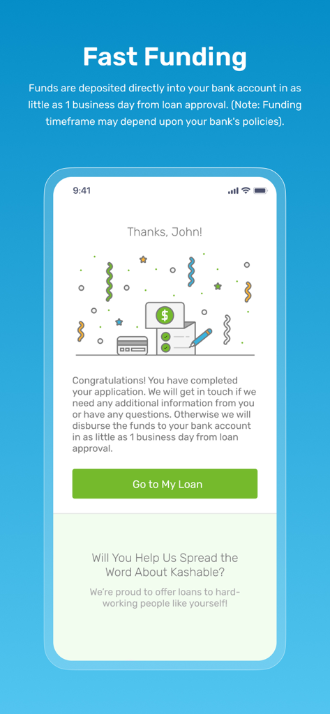 Kashable - Kashable mobile app screen displaying a loan application success message and fast deposit details