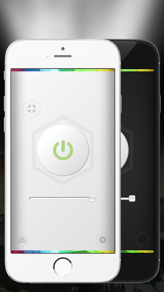Simple interface of the Free Flashlight Glow app showing light and dark themes with a power button and brightness slider