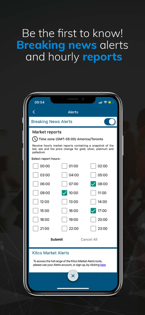 Kitco Gold Live app interface for setting breaking news alerts and hourly market reports