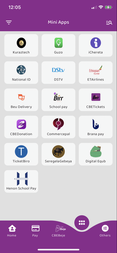CBEBirr Plus - CBEBirr Plus mini apps dashboard showing various services like airline tickets school payments and digital equb