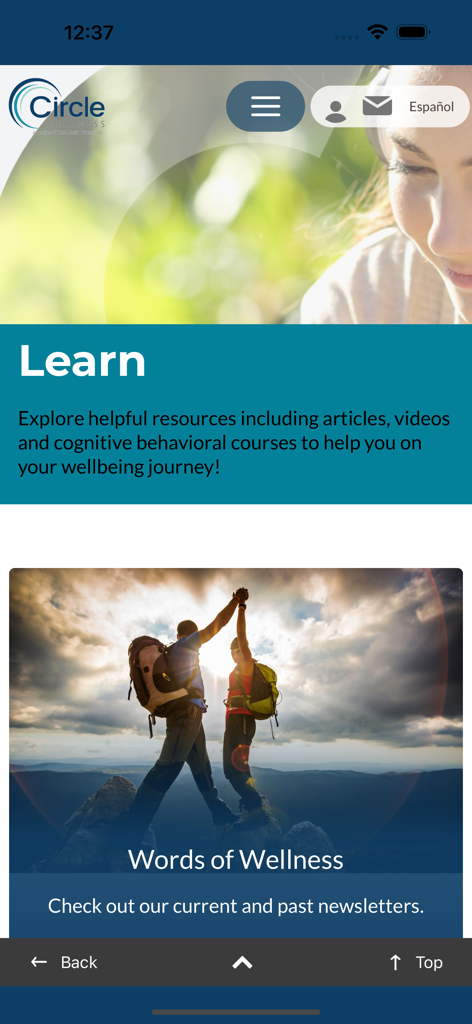 CircleWellness - CircleWellness app interface showing the Learn section with educational wellness articles and employee newsletters