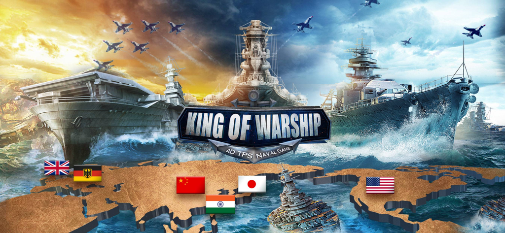 King of Warship: 10v10 Battle - Banner do jogo King of Warship apresentando porta-aviões e couraçados históricos com bandeiras mundiais em um mapa.