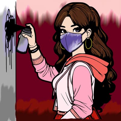 realistic girl with mask spray painting a wall