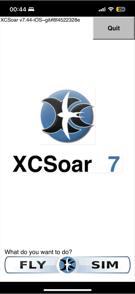 XCSoar - XCSoar glider navigation app home screen with Fly and Sim mode buttons