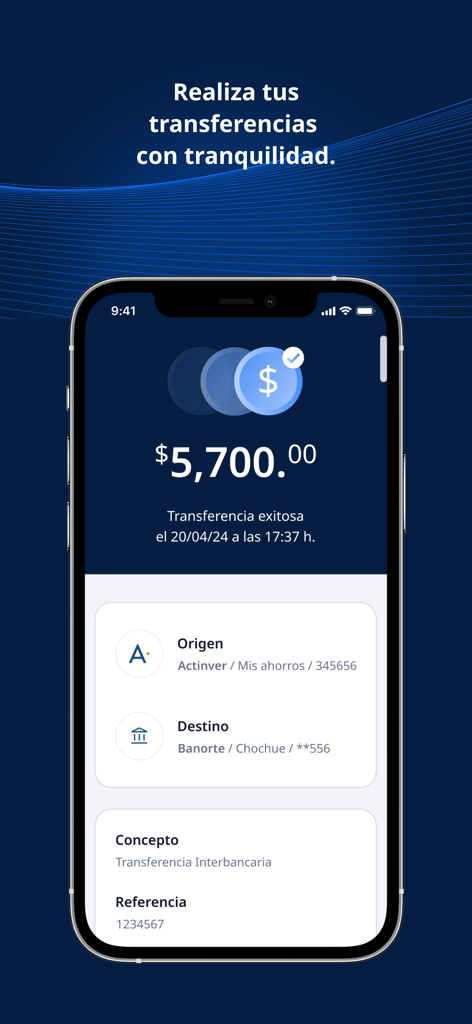 Actinver - Actinver mobile app interface showing a successful interbank money transfer confirmation screen.